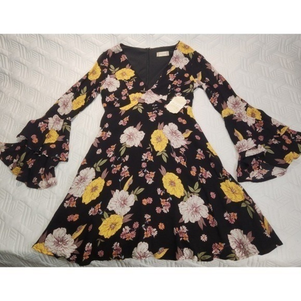 Altar'd State Dress women's Floral Print V Neck long Bell Sleeve Black Yellow S